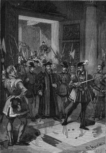 König von Frankreich Heinrich II. (1519-1559), in der Mitte, befiehlt seinem Konnetabel, die Berater zu verhaften. Gravur aus dem 19. Jahrhundert. In „Geschichte Frankreichs“ von Jules Michelet von Unknown artist