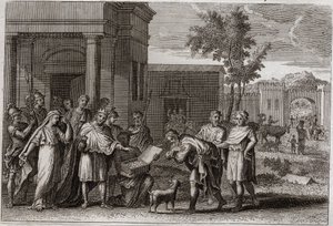 Königreichsbibel, Altes Testament: Abimelech von Gott bestraft. Abimelech (Abimelec oder Ahimelech oder Ahimelek), König von Gerar, der Sarah (Sarah), Abrahams Frau, mit Gewalt genommen hatte, aber glaubte, sie sei nur seine Schwester, wird von Gott getäus