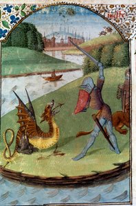 Ritter der Tafelrunde: „Lancelot kämpft gegen den Drachen“. Manuskriptminiatur „Der Roman von Lancelot du Lac“ von Unknown artist