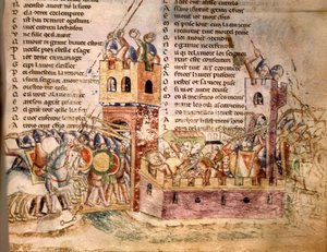 Ritter stürmen eine Burg. 12. Jahrhundert Manuskript. Bibl. Marciana Venedig.