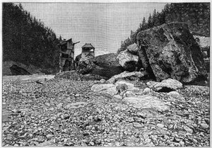 Die Katastrophe von Saint-Gervais (Saint Gervais) oder die Katastrophe des Gletschers Tete Rousse (Département Haute-Savoie) (12.-13. Juli 1892) - Bäder von Saint-Gervais nach der Katastrophe mit den riesigen Blöcken, die vom Bach transportiert wurden, Gra