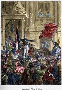Lamartine (1790 - 1869), der die rote Fahne für die Trikolore ablehnt, im Rathaus. Paris, 26. Februar 1848. Bianchetti-Sammlung