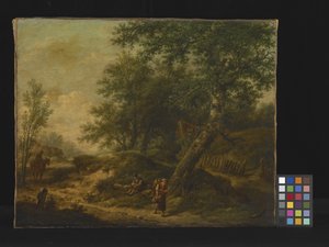 Landschaft mit Hütte und Reisenden von Unknown artist
