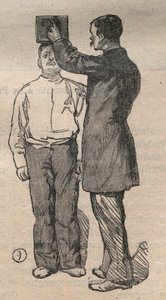 Die gerichtliche Anthropometrie oder Bertillonage, Methode von Alphonse Bertillon (1853-1914): Messung der Körpergröße - Gravur in „La Science française“