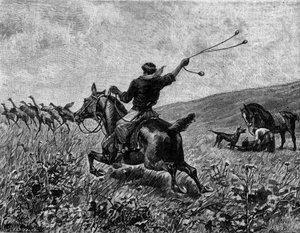 Lasso: Jagd auf Kasuar mit Ball-Lasso. Gravur in „Le Journal de la jeunesse“