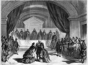 Letzte Szene des Theaterstücks „Galiläa“, ein Drama in drei Akten von François Ponsard, einem französischen Dichter und Dramatiker (1814-1867), aufgeführt im Théâtre Français in Paris. Gravur in „L