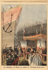 Stapellauf des Segelschiffs „President Felix Faure“, am 3. Februar in Le Havre, gesponsert von Lucie Faure, der Tochter des Staatsoberhauptes und Louis Brindeau, Bürgermeister von Le Havre; es ist das erste einer Serie von 4-Mast-Segelschiffen, die ab 1896 von Unknown artist