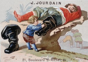 Le Petite Poucet zieht seine Siebenmeilenstiefel aus dem schlafenden Oger aus - Werbeetikett Jourdain von Unknown artist