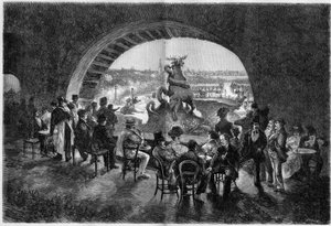 Unterhalb des Wasserfalls im Trocadero-Garten während der großen Hitze in Paris, wo sich die Pariser Spaziergänger im Schatten niederlassen. Gravur in „Le Monde Illustré“