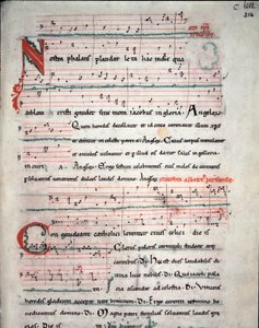 Flugblatt eines Pilgerführers mit Liedtexten der Pilgerfahrt nach Santiago de Compostela. Fol. 214 r. Aus einem Manuskript des 13. Jahrhunderts. Archiv der Kathedrale von Santiago de Compostela, Spanien von Unknown artist