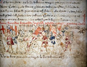 Liga der Franzosen, Engländer, Deutschen und Ungarn gegen die Türken im Jahr 1391 - in „Croniche del Sercambi“, um 1400. Nationalarchiv, Lucca.