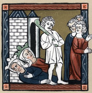 Artuslegende: Lancelot du Lac befreit Königin Guinevere und ihre Freundin aus der Burg, die in Ohnmacht fallen und die Bewohner fliehen. In „Geschichte der Französischen Literatur“ von Hermann Suchier. von Unknown artist