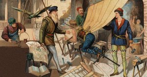 Leonardo da Vinci experimentiert mit seiner Flugmaschine. Chromolithographie des 19. Jahrhunderts.