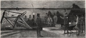 Die Abwasserkanäle von Paris: ein „Spülboot“ zur Reinigung des Sammelkanals - Gravur aus „Le Monde Illustré“