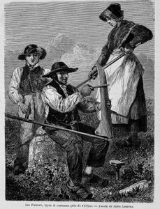 Die Heuarbeiter, Typen und Kostüme bei Thiézac, in der Auvergne - in „Le tour du monde“ von Unknown artist