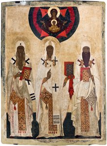 Russische Ikone: Die drei heiligen Bischöfe von Rostow: Isaia, Leontius und Ignatius von Unknown artist