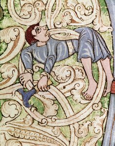 Lettrine C dekoriert mit der Darstellung eines Holzfällers. Miniatur aus einer Bibel (Altes Testament) (Ms 3088) 12. Jahrhundert Coimbra, Universitätsbibliothek