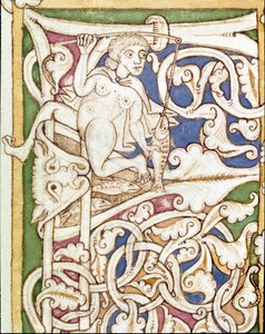 Lettrine P dekoriert mit der Darstellung einer Frau, die einen Fisch angelt. Miniatur aus einer Bibel (Altes Testament) von Unknown artist