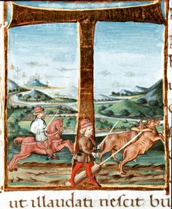 Lettrine T dekoriert mit einem Reiter und einem Ochsenführer von Unknown artist