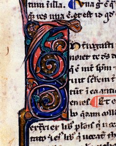 Verzierte Lettrine eines gotischen Monsters, das an Wasserspeier erinnert. Detail eines Manuskripts aus dem 14. Jahrhundert