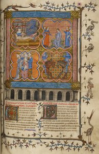 Das Leben von Julius Caesar: vier Miniaturen, die seine Geburt, Scheidung, Pontifikat und Kampf mit Pompeius zeigen; Text mit verzierten Initialen und Rand mit Vögeln und Grotesken von Unknown artist