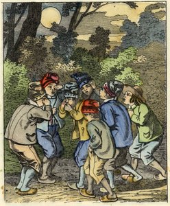 Der kleine Däumling und seine Brüder verirren sich im Wald. Illustration des Märchens „Der kleine Däumling“ von Charles Perrault