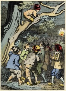 Der kleine Däumling klettert auf einen Baum und sucht seinen Weg. Er sammelt ein Licht im Wald. Illustration des Märchens „Der kleine Däumling“ von Charles Perrault. von Unknown artist