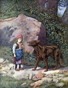 Rotkäppchen trifft den Wolf im Wald - in „Die Märchen von Perrault“ von Unknown artist