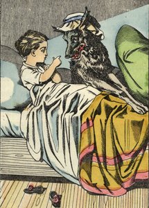 Rotkäppchen fragt den Wolf: „Großmutter, warum hast du so große Zähne?“ Illustration des Märchens „Rotkäppchen“ von Charles Perrault. von Unknown artist