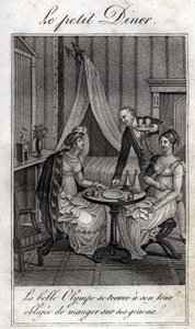 Kleines Abendessen. Olympe de Gouges (1748-1793), französische Schriftstellerin und Revolutionärin mit Céline, einer ihrer Freundinnen. von Unknown artist