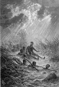 Livingstone und seine Männer überqueren einen Wasserlauf - „Livingstones letzte Reise 1866-1873“ in „Tour du Monde“, 2. Halbjahr 1875 von Unknown artist
