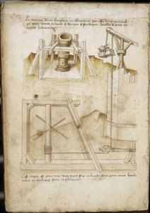 Lasthebesystem für Baustellen - Manuskript: Pergamentblatt eines Ingenieurhandbuchs für den Bau ziviler, religiöser und militärischer Gebäude, anonym, späte 15. Jahrhundert (Figur in chinesischer Tinte)