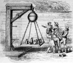 Laden von Magdeburger Halbkugeln, die zur Berechnung des atmosphärischen Drucks aufgehängt sind - in „Ottonis de Guericke: Experimenta Nova Magdeburgica de vacuo spatio“ von Otto von Guericke von Unknown artist