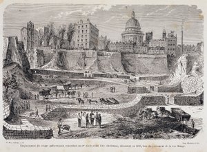 Lage des gallo-römischen Zirkus aus dem 3. Jahrhundert vor der christlichen Ära, entdeckt 1870, während der Bohrung der Rue Monge von Unknown artist