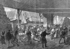 London 1868: Die Ankunft des Tees in den Docks. von Unknown artist