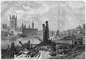 London, Bau der Docks am Südufer der Themse, gegenüber der Verwaltungsstadt Westminster am Nordufer. In „L
