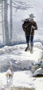 Einsamer Jäger mit Hund in einer verschneiten Landschaft, spätes 19. Jahrhundert von Unknown artist