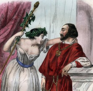 Lucrezia Borgia (1480-1519) mit ihrem Bruder Cesare Borgia. Gravur von 1842 in „Histoire des papes: crimes, murders, poisonings, parricides, adulteres, incest...“ von Maurice Lachatre. Private Sammlung. von Unknown artist
