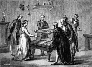 Luigi Galvani, Professor in Bologna, entdeckte 1780 die Reizbarkeit der Froschmuskeln durch Elektrizität. Gravur des 19. Jahrhunderts von Unknown artist