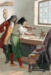 Luthier Stradivarius (Antonio Stradivari) (1644-1737) in seiner Werkstatt. Chromolithographie des 19. Jahrhunderts