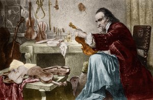 Antonio Stradivari in seiner Werkstatt. Gravur von Hammann. von Unknown artist