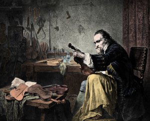 Luthier Stradivarius (Antonio Stradivari) (1644-1737) in seiner Werkstatt. Gravur von Hammann von Unknown artist
