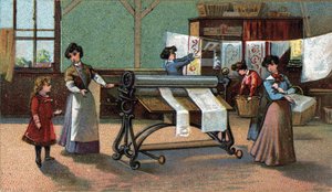 Maschinenbügeln. Chromolithographie aus dem späten 19. Jahrhundert.