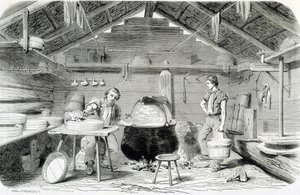 Herstellung von Gruyère-Käse in einem Schweizer Chalet oder einer Käserei in den Alpen - in „Die Wunder der Industrie“ von Louis Figuier
