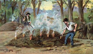 Holzkohleherstellung, Verbrennungsofen. Chromolithographie aus dem späten 19. Jahrhundert.
