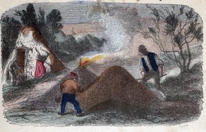 Herstellung von Holzkohle im 19. Jahrhundert: Köhler vor Mühlsteinen aus Holz und Lehm, die sie anzünden. Gravur Ende des 19. Jahrhunderts.