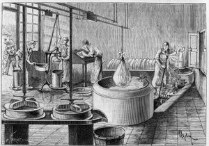 Herstellung von Gruyère: eine moderne Käserei. Stich in „La Nature: revue des sciences et de leurs applications aux arts et a l