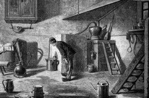 Herstellung von Kirsch: Destillation, Schloss Isenberg im Elsass. Gravur in „Le Journal de la jeunesse“