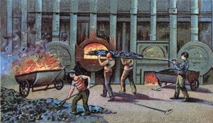Herstellung von Leuchtgas, Cornu Delutor. Chromolithographie Ende des 19. Jahrhunderts