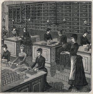 Herstellung von Metallfedern: Sortieren und Verpacken von Federn in einer Fabrik in Frankreich im 19. Jahrhundert. Gravur von 1885 in „Les arts et métiers illustrés“ von Adolphe Bitard.